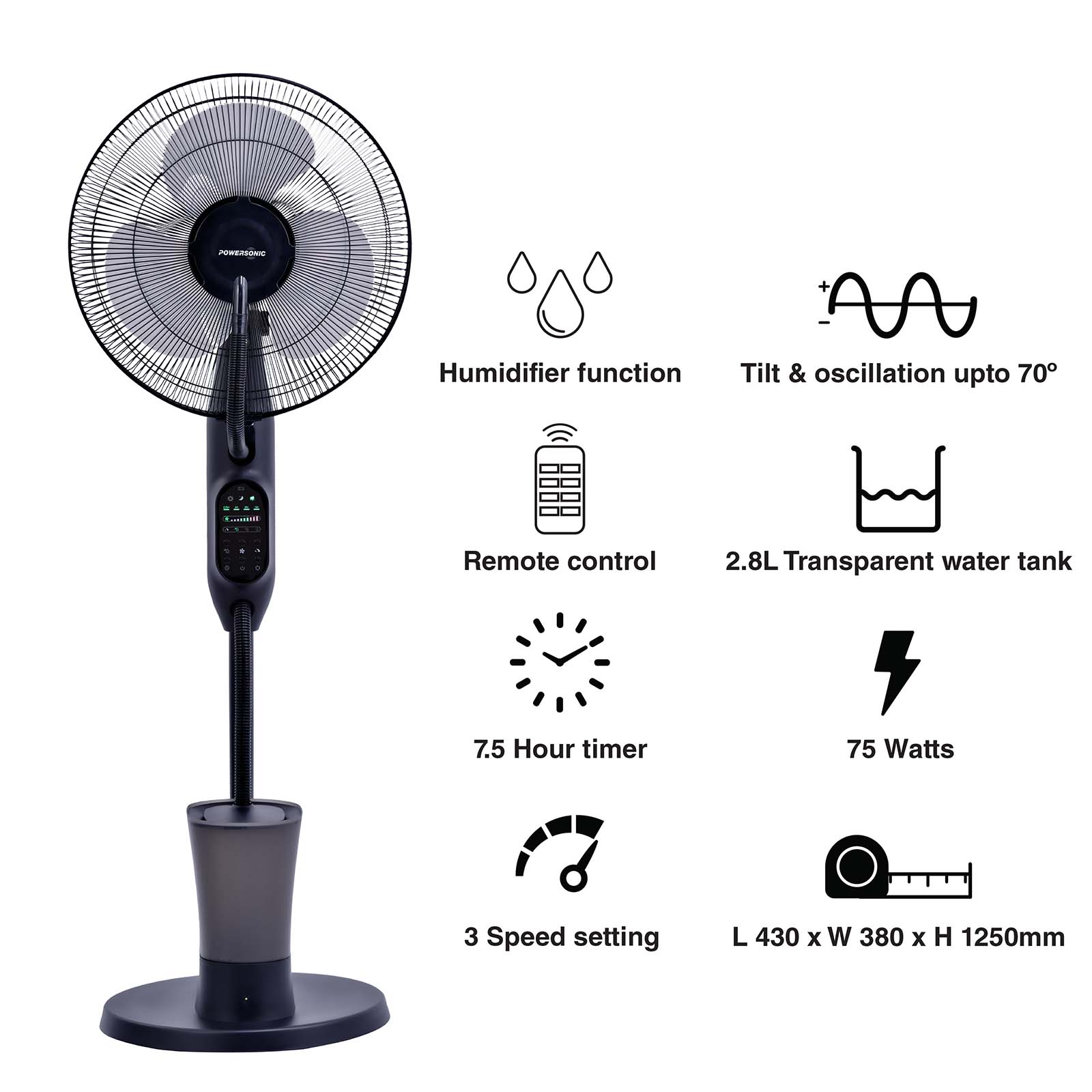 Powersonic Pedestal Oscillating Misting Fan - Black - 3 Speed - PWRHT505 thumbnail image